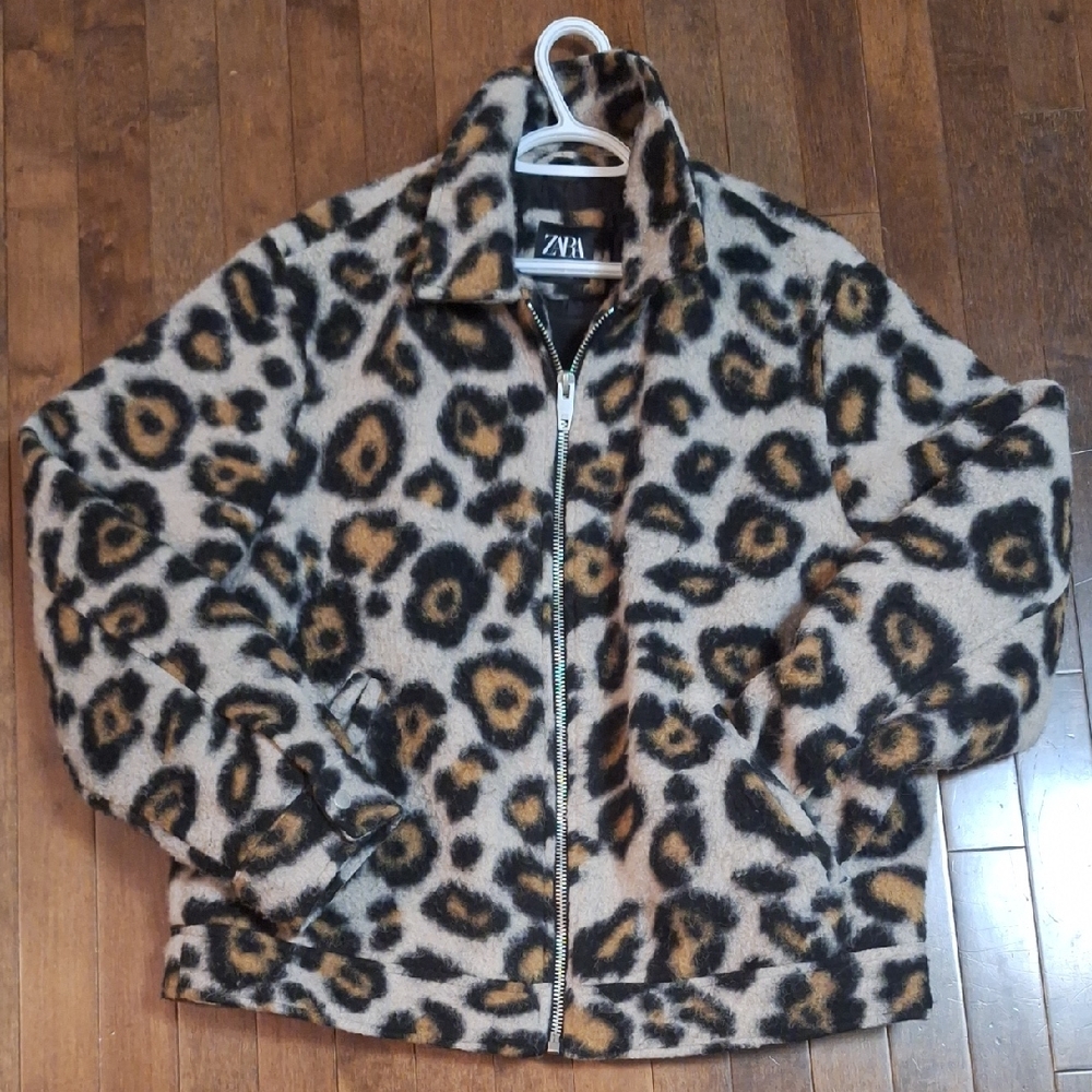 Zara Women’s Wool Blend Leopard Print Bomber Coat Jacket Size Large